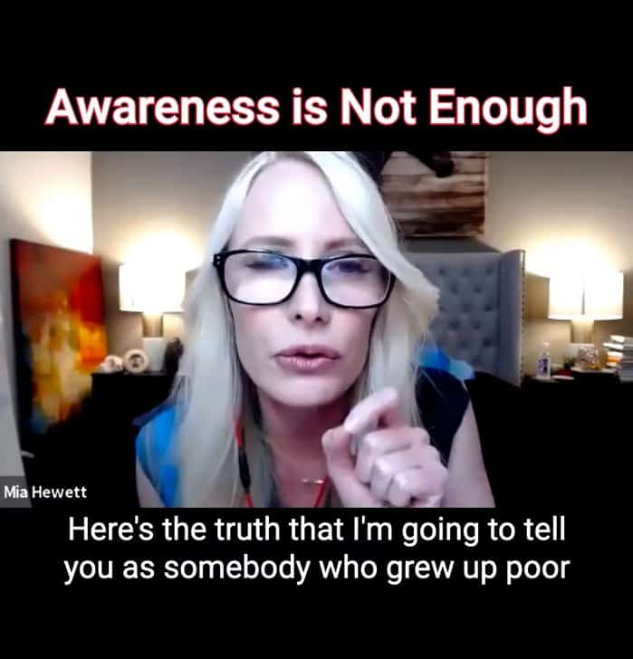 Poor woman with blonde hair and glasses speaking directly into camera, inspiring motivational message about awareness and personal growth, home bedroom setting with warm lighting, focused on female speaker for self-help and empowerment content, Mia Hewett.