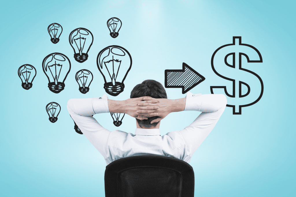 Innovative business ideas and creative thinking leading to increased revenue, depicted by a man contemplating light bulb illustrations and a dollar sign, representing entrepreneurship and idea development.