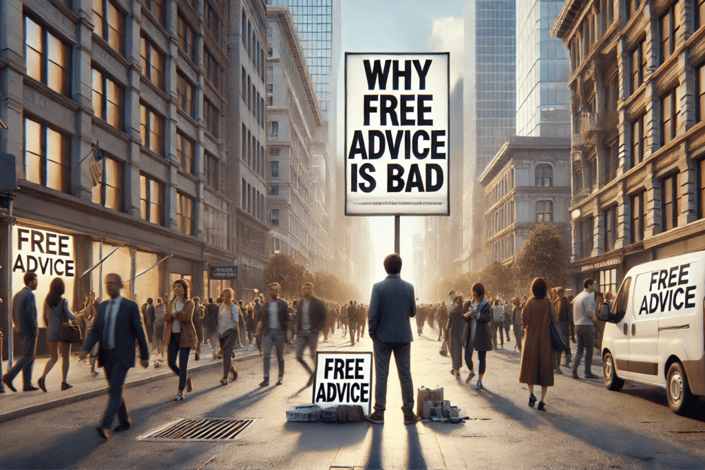 "Protester holding a large "Why Free Advice Is Bad" sign on busy city street promoting skepticism about free advice and misinformation.".