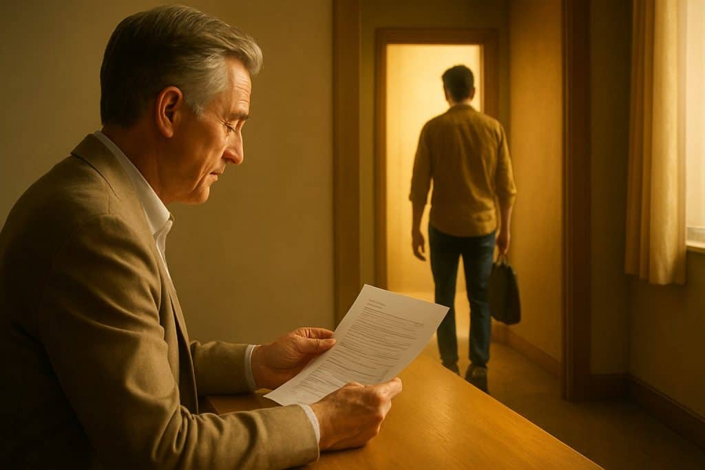 Young man walking away in hotel corridor while middle-aged man sits at desk reading a letter, warm lighting, formal setting, professional atmosphere, business or personal communication, indoor scene.