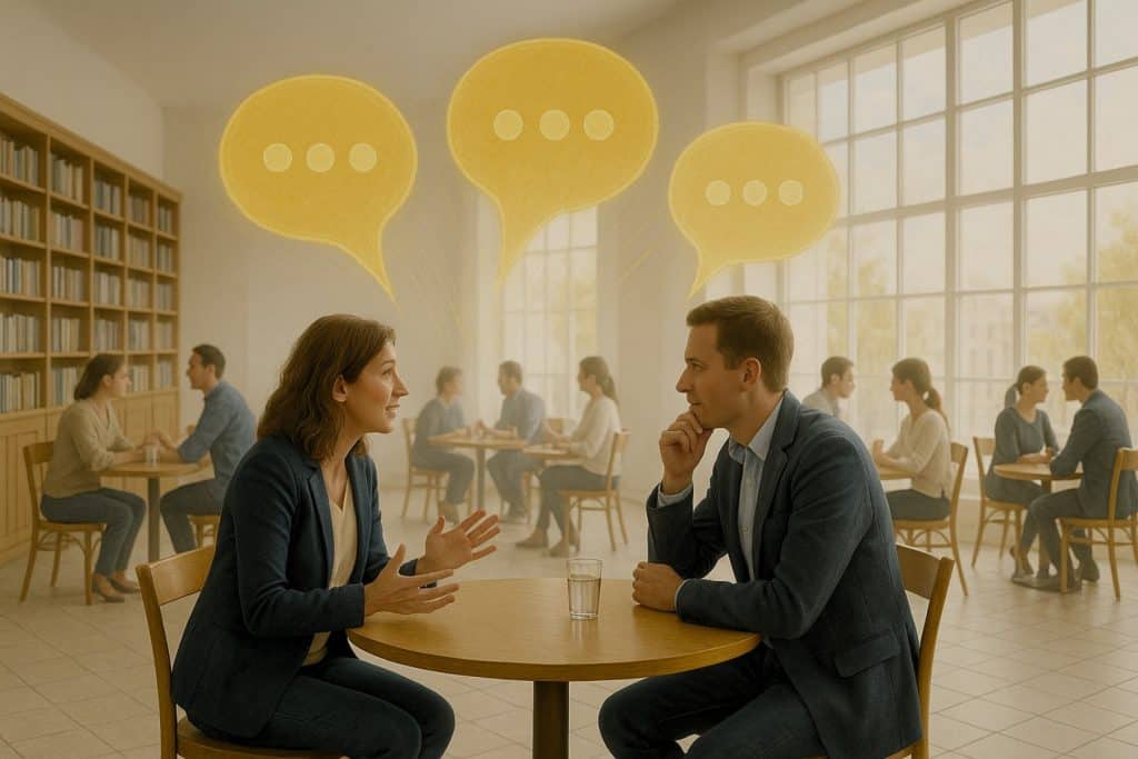 Meeting between a woman and a man in a café, discussing ideas with animated speech bubbles above them, symbolizing communication and storytelling. Perfect for blog posts or articles about effective communication, storytelling, or networking.