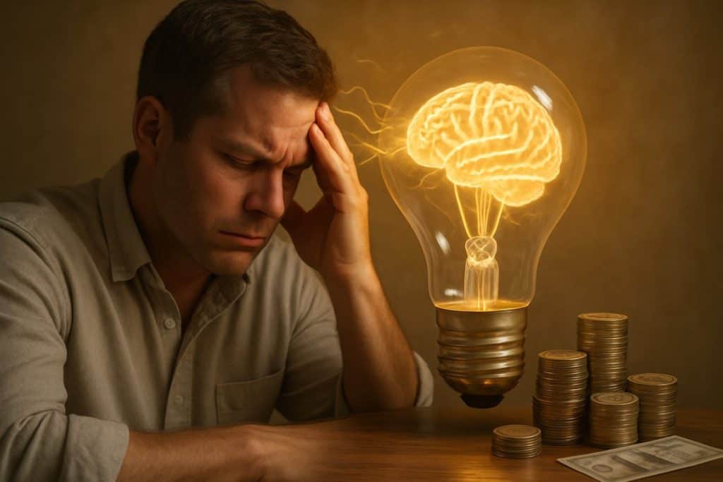 Bright idea concept with a glowing brain inside a light bulb and stacks of coins, symbolizing financial stress or innovative solutions related to money and mental effort.