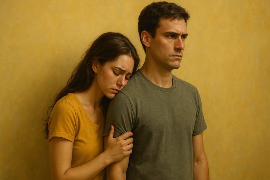Open-ended mourning scene featuring a woman comforting a man, both displaying somber expressions, against a warm yellow background, emphasizing emotional support and relationship struggles.