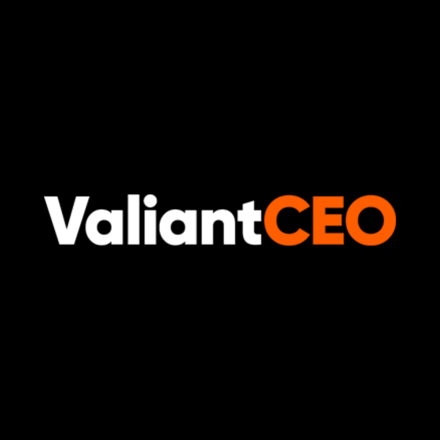 ValiantCEO logo featuring bold black, white, and orange text on a black background, representing leadership and business expertise.